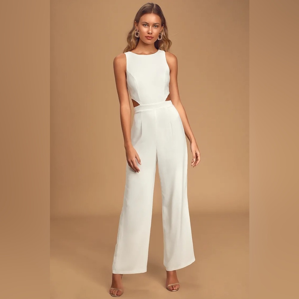 Moments to Remember White Sleeveless Wide-Leg Cutout Jumpsuit